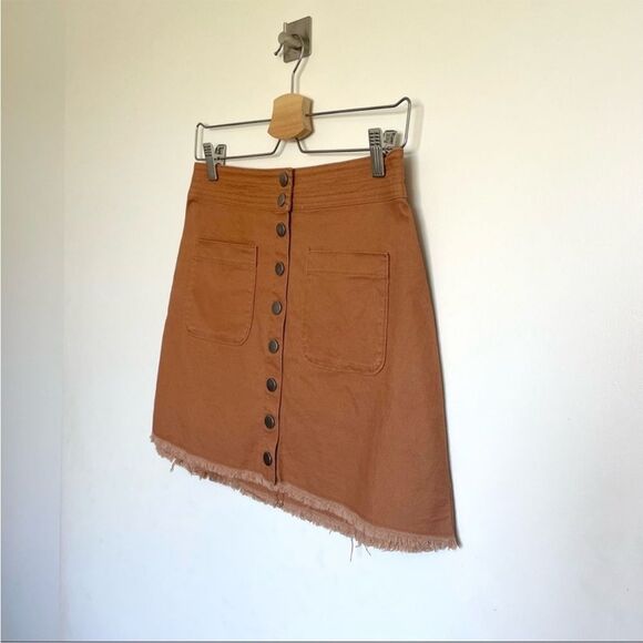 Madewell High Waist Snap Button Skirt Tan Denim Raw Hem Pockets Mini Pencil - Picture 9 of 15